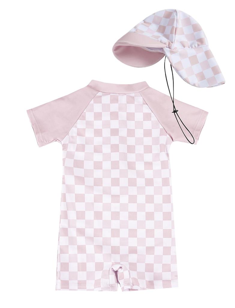 AIEOE Baby Short Sleeve Rash Guard with Romper for Boys and Checkered UV Sun Perfect for Water and Beach Size 110 Swimsuit, One-Piece Hat, Girls,