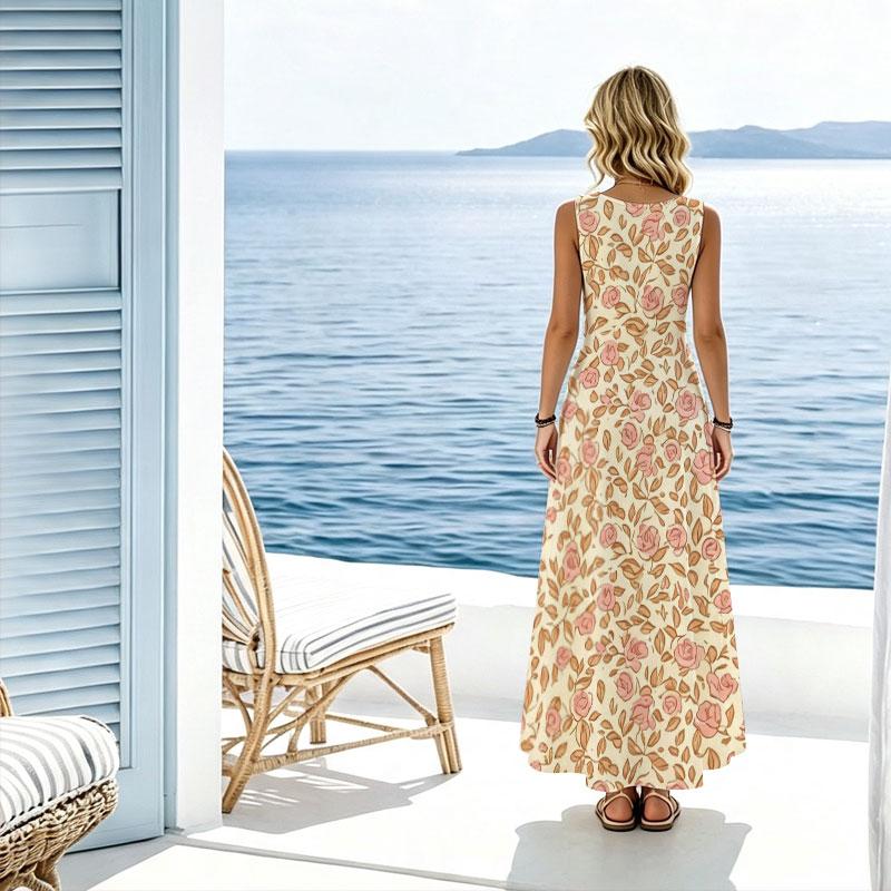 Women's Fresh Floral Sleeveless Maxi Dress,Lightweight Flowy,Versatile for Beach Vacation Daily Casual Wear
