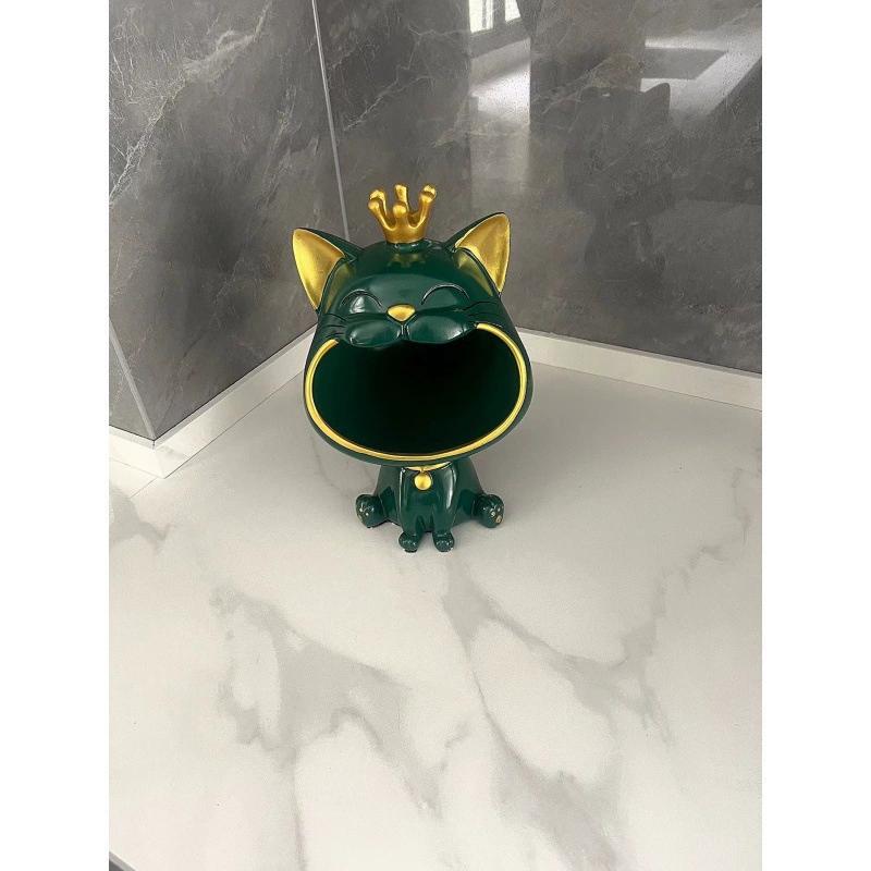 1ks Pryskyřičná soška smějící se kočky se čtyřlístkem, s široce otevřenou tlamou, dekorativní úložný box na klíče, roztomilý stolní organizér, kreativní kočičí figurka pro domácí dekoraci