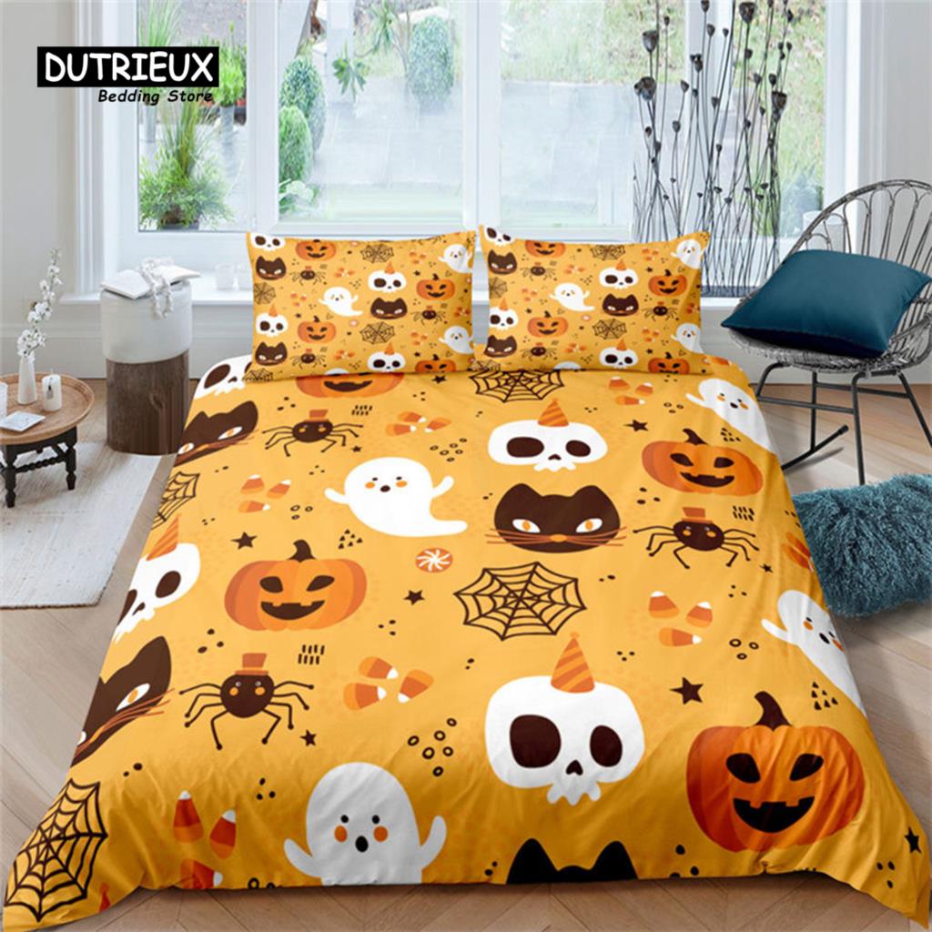 Halloween Bettwäsche Set Cartoon Kürbis Bettbezug Set Mikrofaser Hirsch Geometrischer Druck Bettdeckenbezug mit Kissenbezug Raumdeko