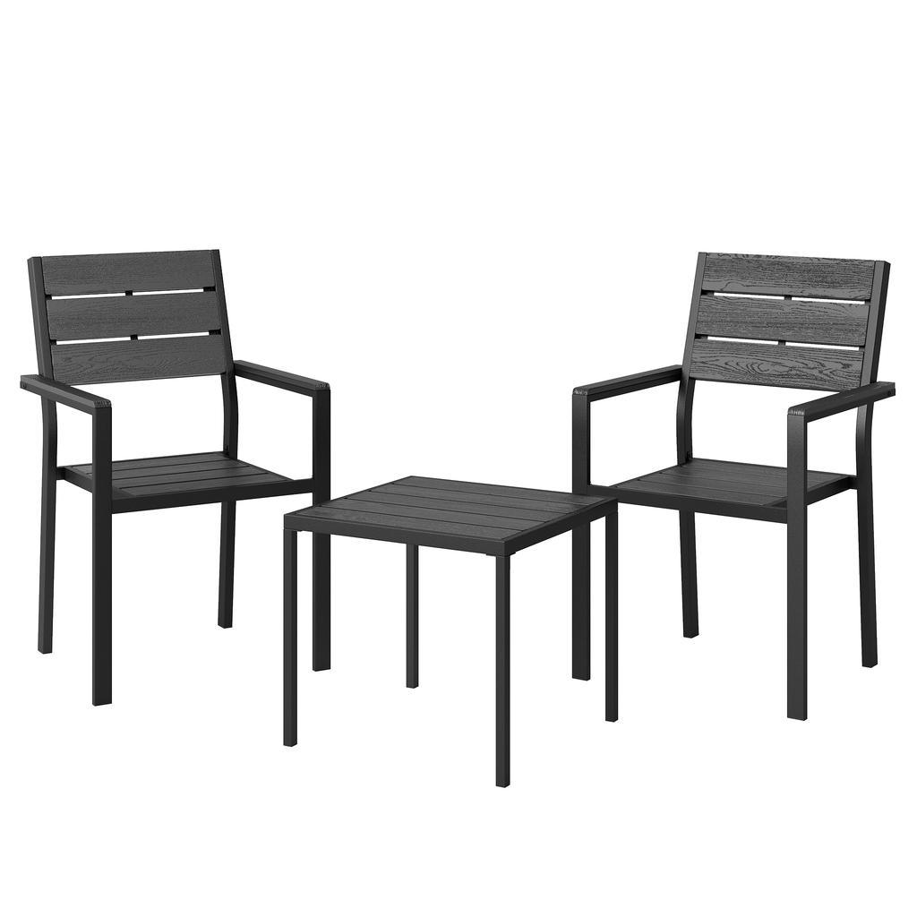 3-Piece Garden Set with 2 Chairs and HDPE Table Wood-Effect Slat Design for Patio Balcony Black