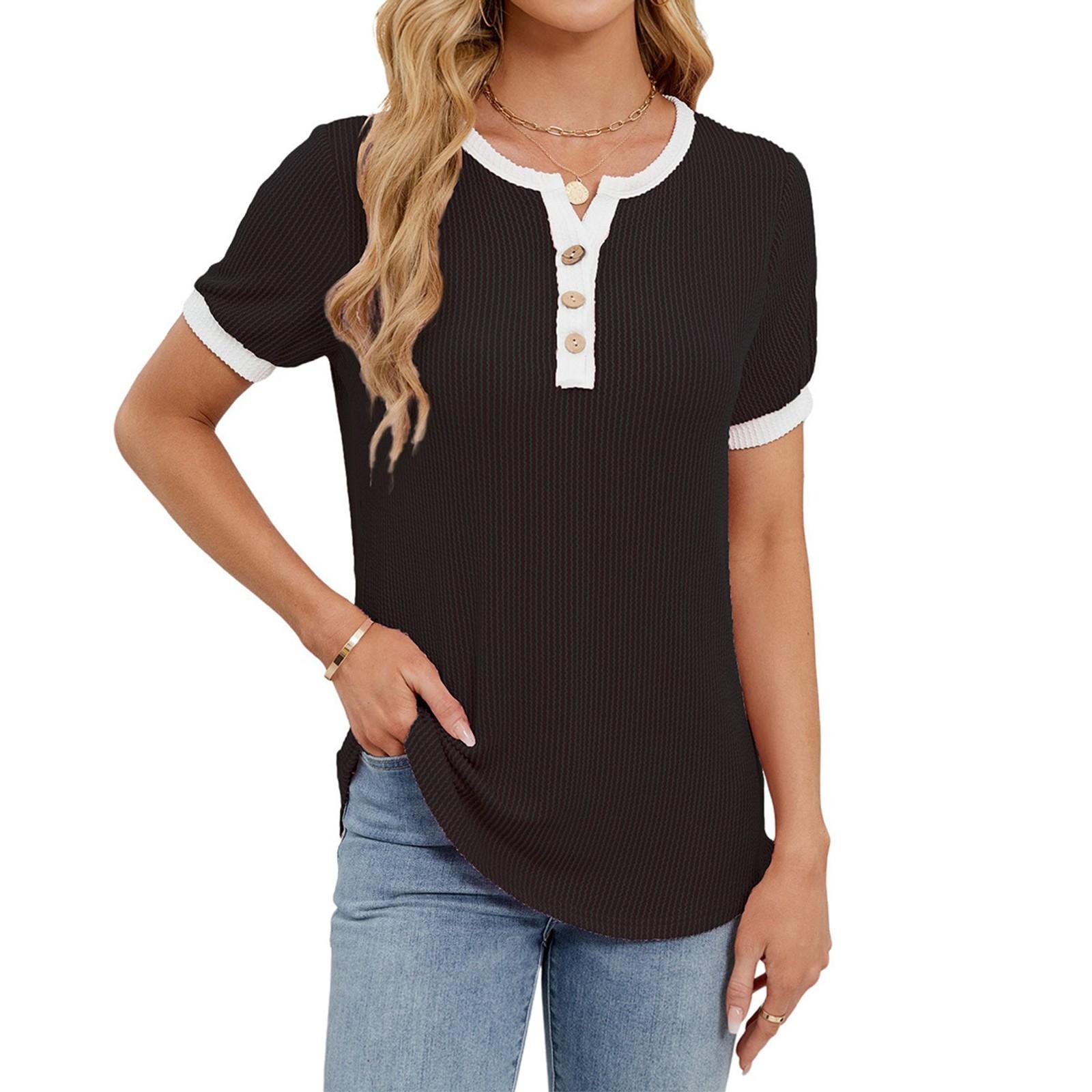 

Женская мода однотонный круглый вырез с короткими рукавами пуловер повседневная футболка топ L чёрный