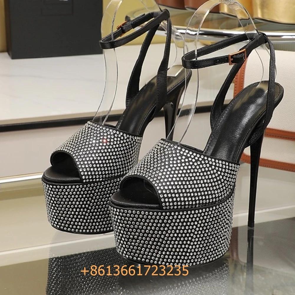 

Fashion Rhinestone Color Diamond Bling Bling Women Sandals Peep Toe Platform Thin High Heels Ankle Strap Slingback 15.5Cm Newest Sandals 34