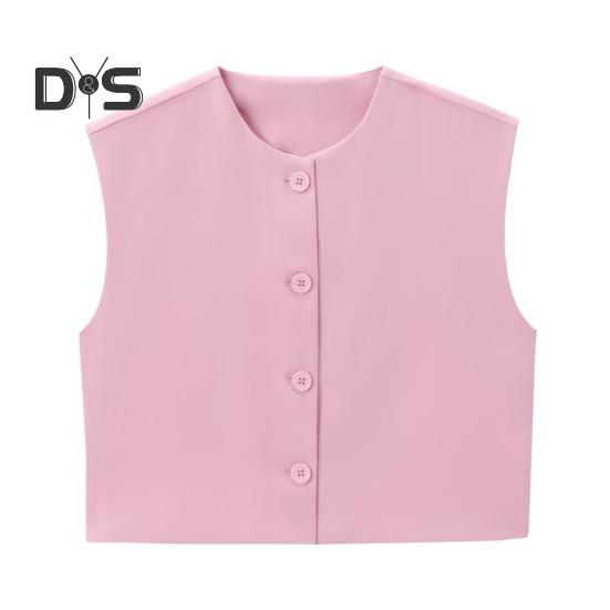 Women Vest Single-breasted Sleeveless Round Neck Solid Color Leopard Print Button Commuting Dating Casual Short Type Daily Wear Coat