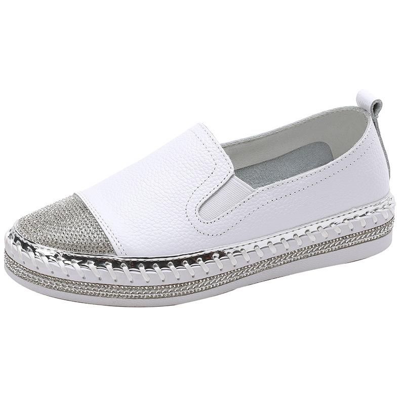 Fashion Women Platform Flats shoes Casual female Genuine Leather Walking flats Loafers for women White crystal Comfort Vacation shoes