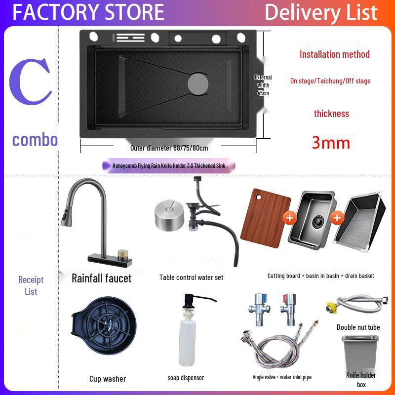 Stainless Steel Kitchen Sink with Large Single Bowl, Honeycomb Design, and Waterfall Knife Holder for Vegetable and Dish Washing