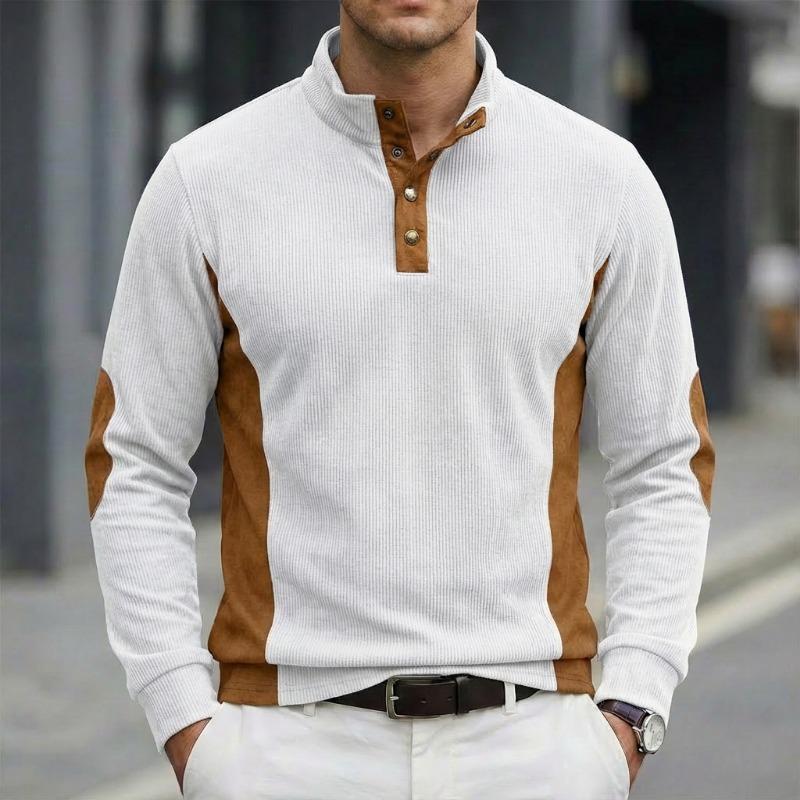 Men Ribbed Knit Contrast Patchwork Henley Neck Long Sleeve T-Shirt S