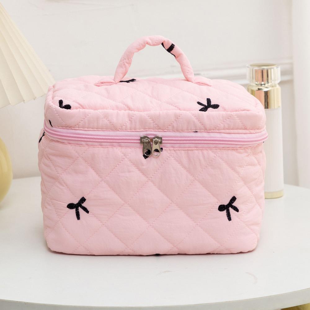 Cute Large Quilted Makeup Bag Embroidered Bow Travel Handheld Cosmetic Bag Coquette Aesthetic Toiletry Bag for Women Girls