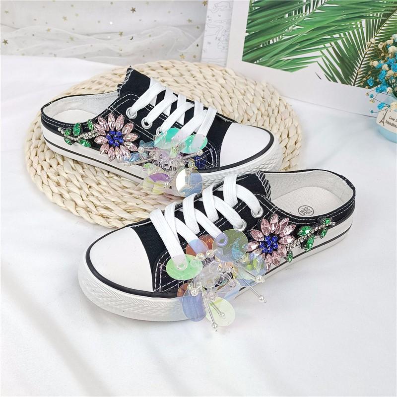 Fashion Shoes for Women Summer New Diamond Sequin Flower Low Top Casual Shoes Flat Bottom Lace Up Fashion Dance Shoes  Slippers Women