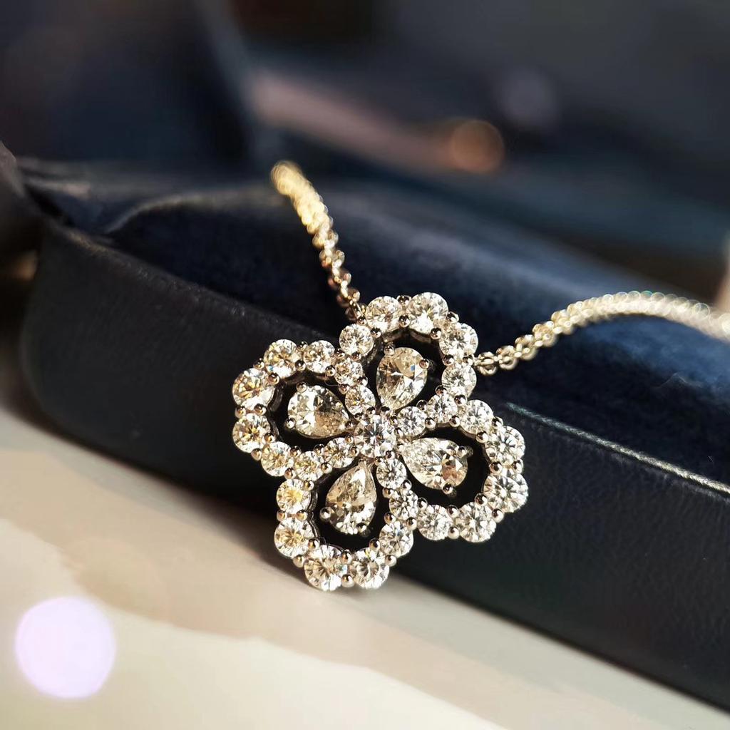 silver high carbon diamond hollow flower-shaped zircon ring water drop round flower necklace female party birthday jewelry