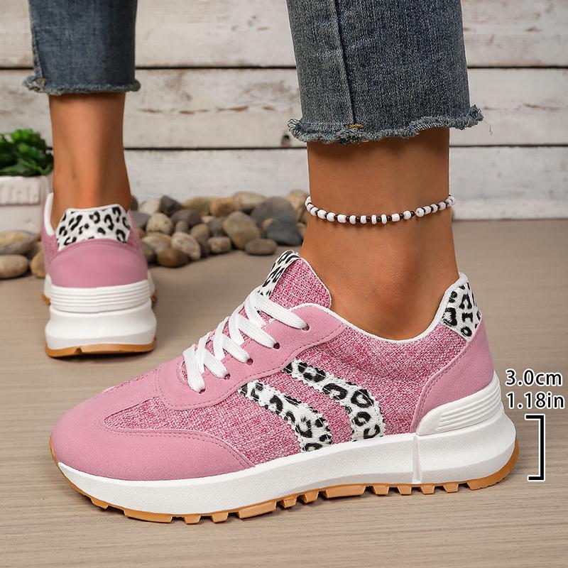 Women Pink Leopard Print Platform Sneakers Spring Non Slip Lace Up Casual Shoes Plus Size Comfortable Breathable Running Shoes