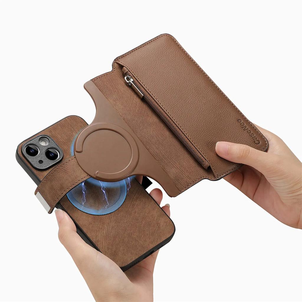 Reißverschluss Kartenfach Geldbörse Leder 2-in-1 Kabellose Ladehülle Für iPhone 15 16 Pro Max 14 Plus 13 12 11 XS Abnehmbare Tasche Hülle