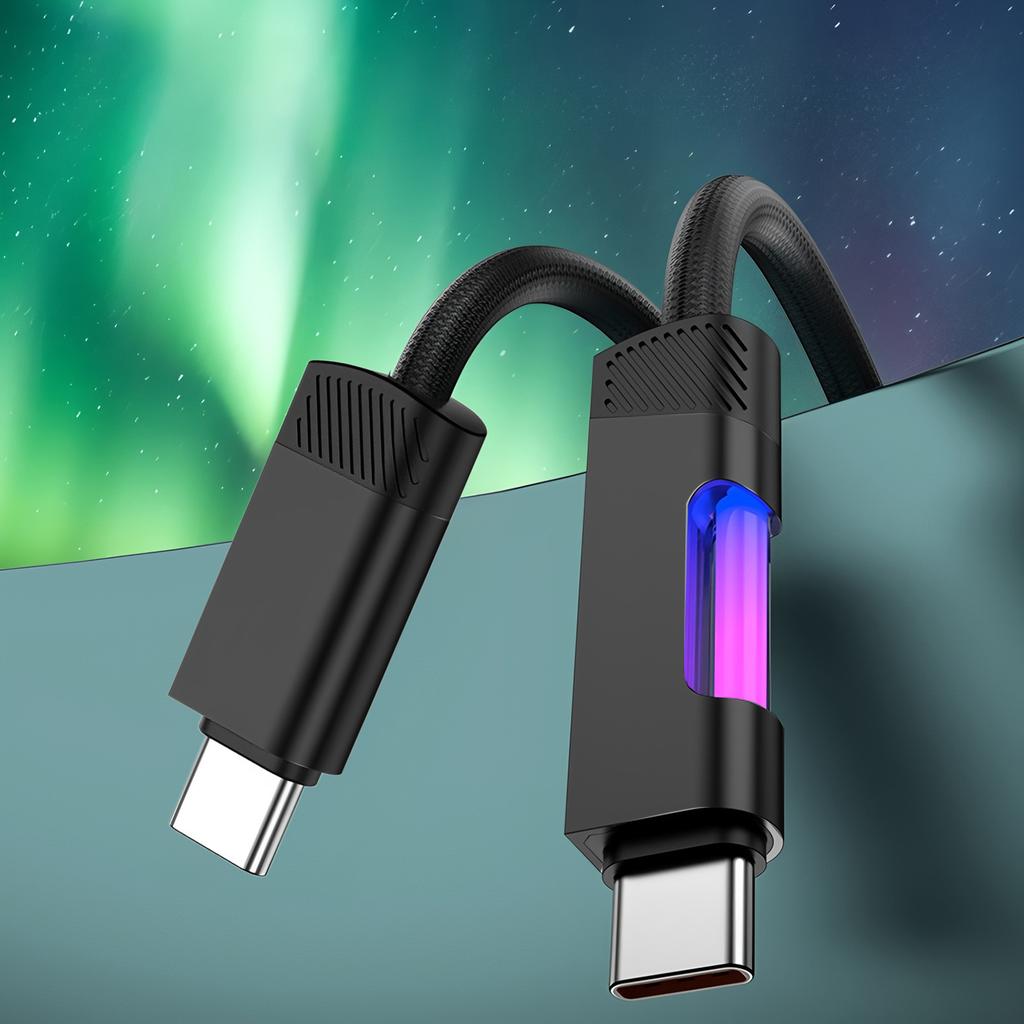 240W 6A RGB Fast Charging USB Type-C Cable - LED Ambient Light Nylon Braided Data Cord for Phone Fast Charge