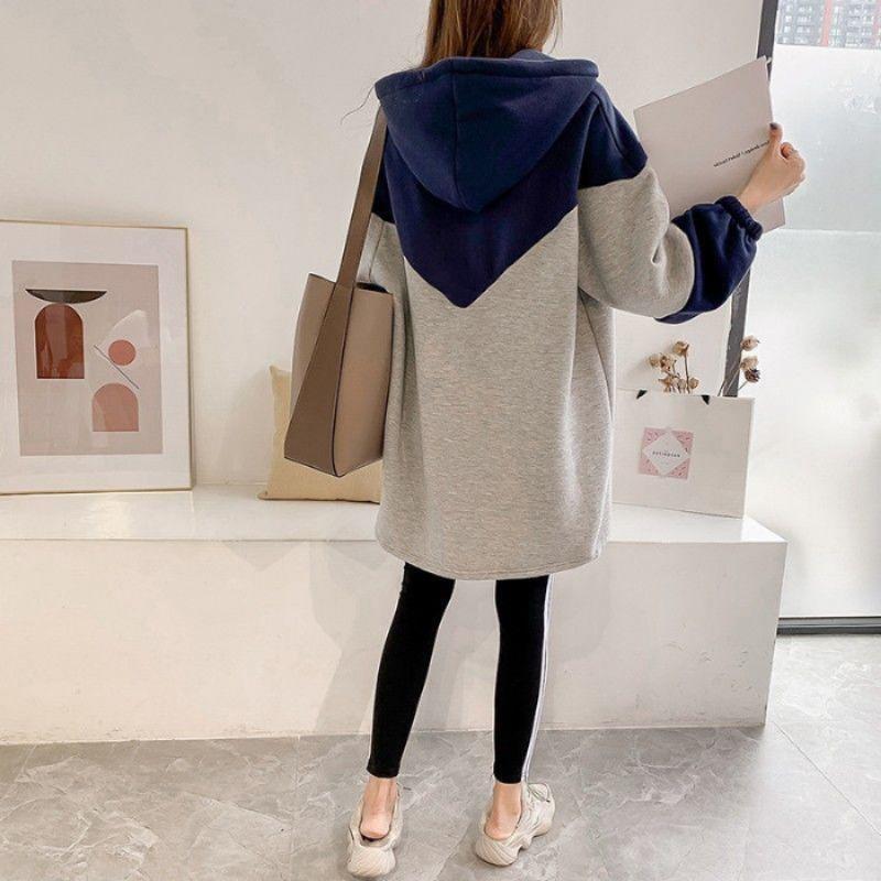Autumn Winter Loose Casual Patchwork Zipper Hoodies Women Fashion Simple Pullover Hooded Pullover Top