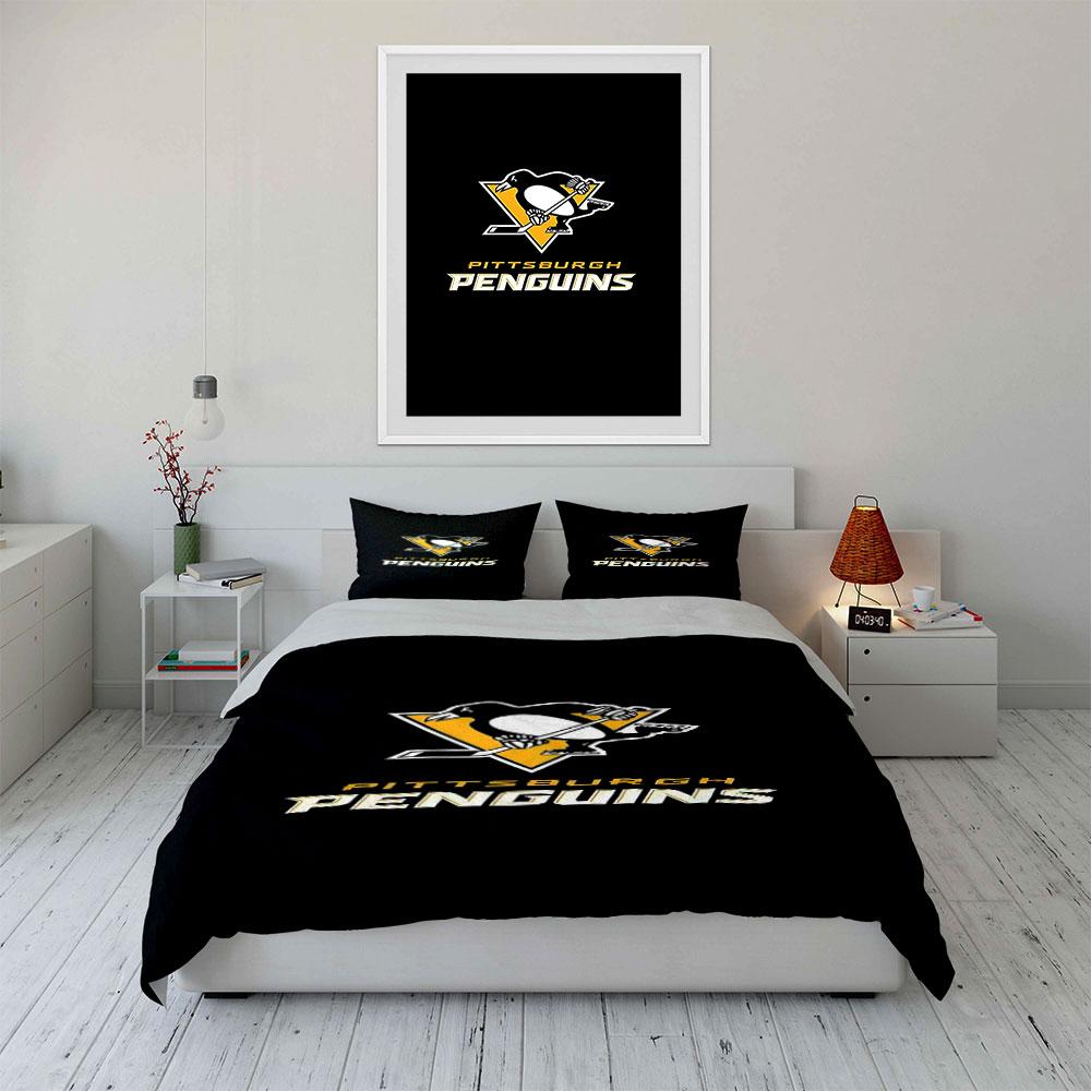 Pittsburgh Penguins Hockey Logo Design Print Bedding Set Duvet Cover Pillowcases (1* Duvet Cover 2* Pillowcases Do Not Include Comforter)