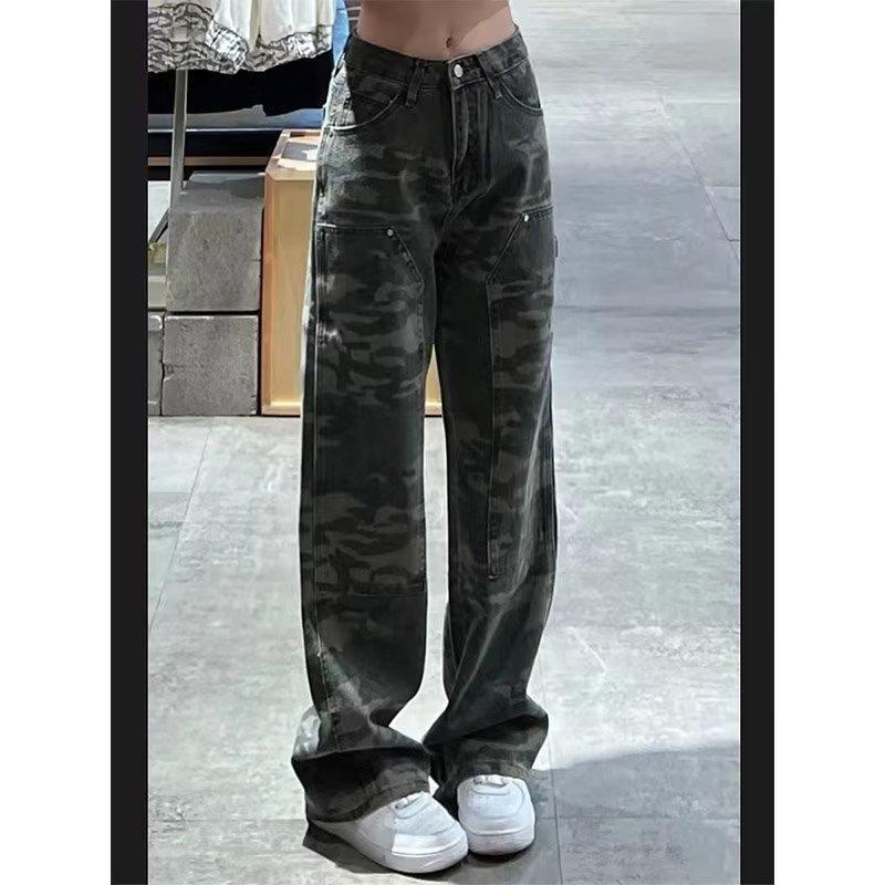 

Camouflage overalls girls spring and summer mid-waist loose and thin pear-shaped body wide-leg jeans casual and versatile 3XL камуфляжний