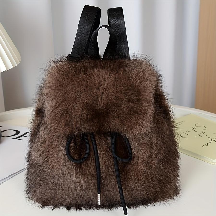 1pc Elegant Women'S Faux Fur Backpack - Adjustable Strap, Drawstring Closure, Multi-Pocket Design,Perfect for Travel & Casual Use