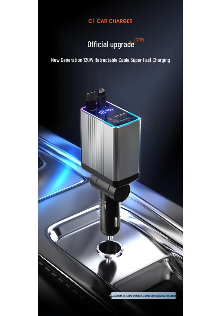 Gallium Nitride Car Charger with Dual Retractable Cables, 65W PD3.0, Fast Charging, Ambient Light, Digital Display, One-to-Four Ports.