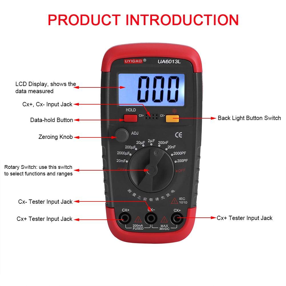 Capacitance Meter, Digital Multimeter, Capacitor Meter Tester, Electronic Measuring Instrument, Battery-Powered, LCD Display, Suitable for Digital Ana
