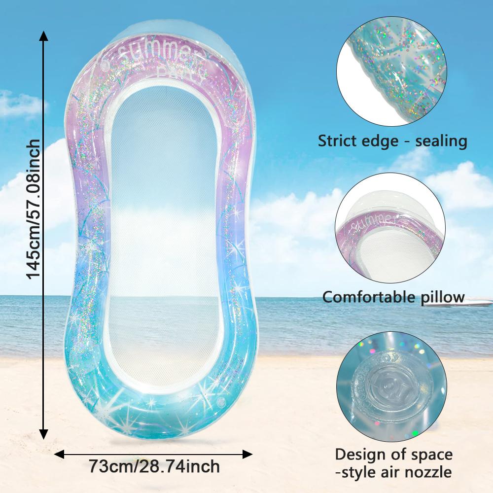 Boia Piscina Inflável com Glitter Rede de Água Cama Flutuante Gradiente Rosa para Adultos Cama de Descanso na Água
