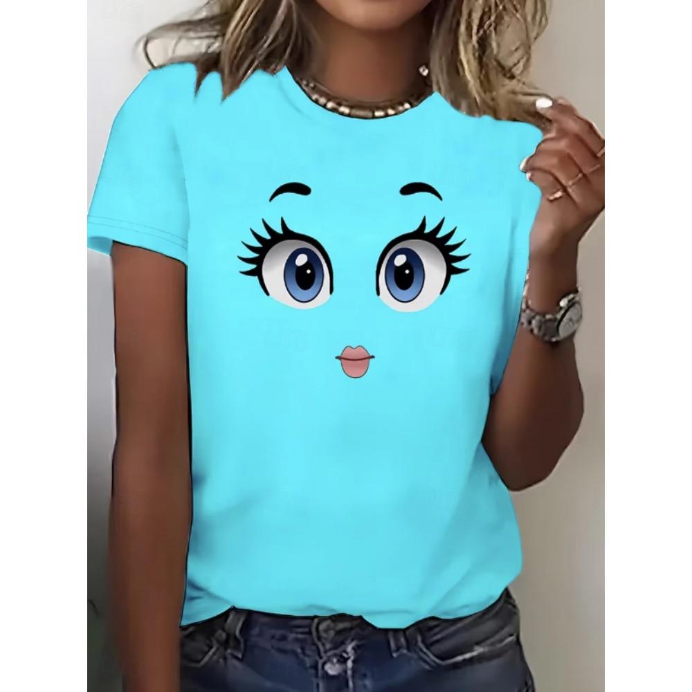 Fashion Women Retro Creative Cartoon Cute Face Print T Shirt Funny Casual O-neck Short Sleeves T-shirt Summer Female Tee Shirt