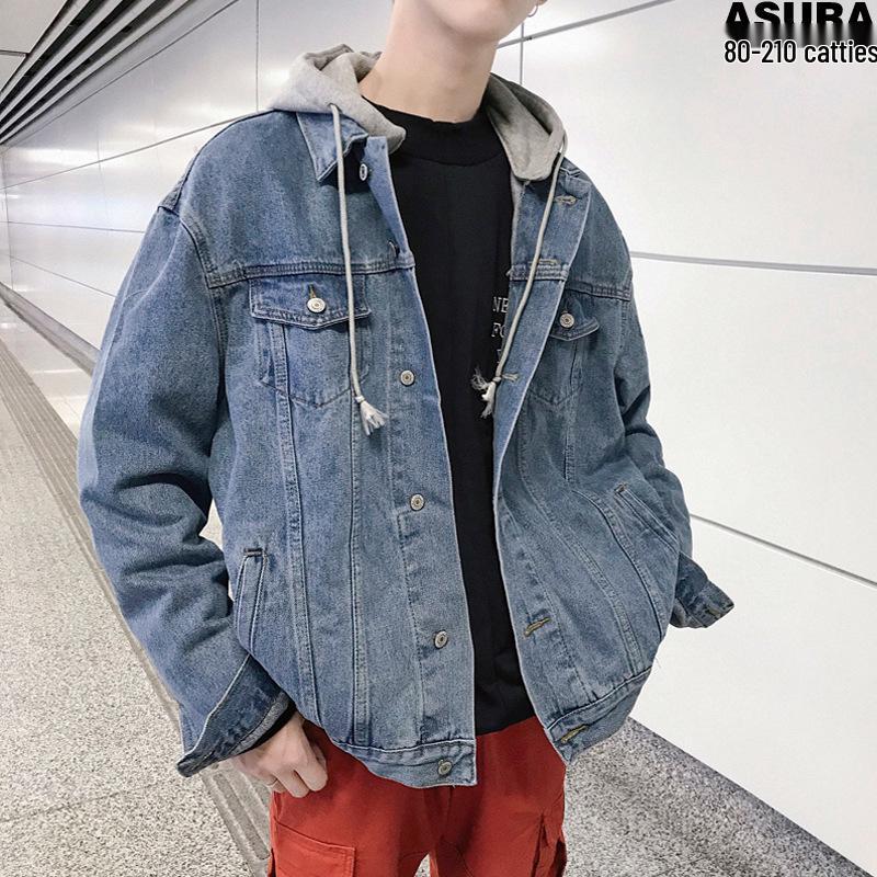 

Men s Trendy Loose-Fit Hong Kong Style Hooded Denim Jacket XXXL