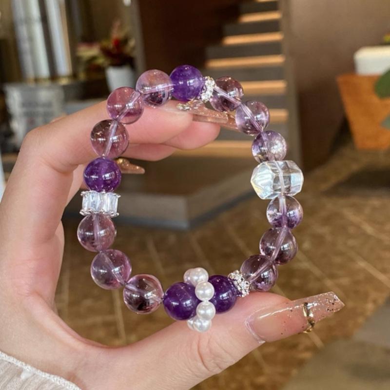 Natural Uruguayan Amethyst Bracelet with Design Elements, White Crystal Bead Bracelet for Women, High-End Authentic Jewelry Gift