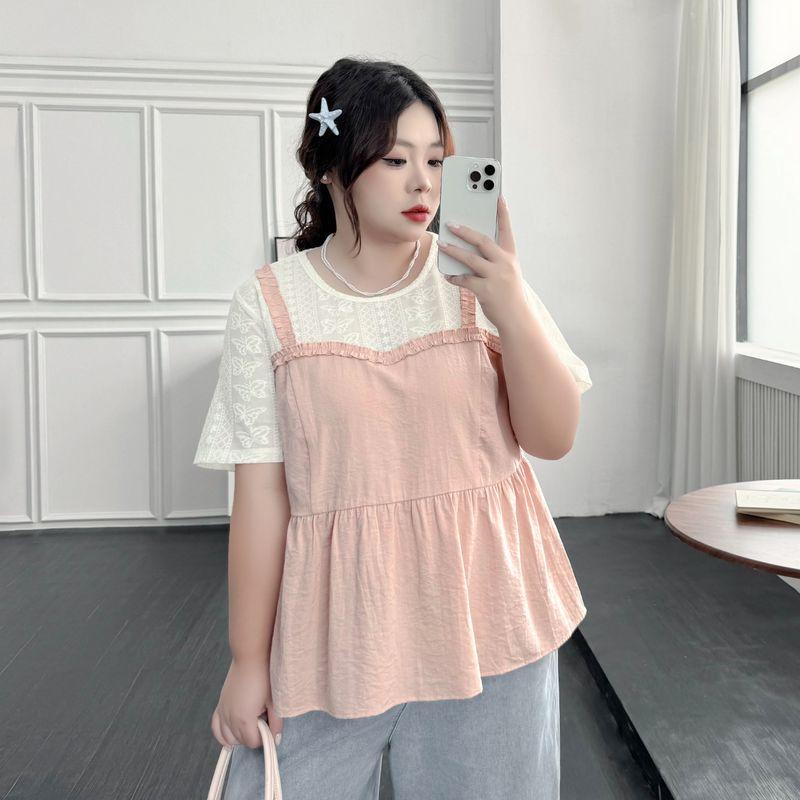 

Plus Size Women s Clothing [Sweet Dopamine] Plus Size Ladies Summer False Two-Piece Patchwork Embroidered Loose Easiest for Match Short Sleeve Tops Apricot with rubber powder 3XL
