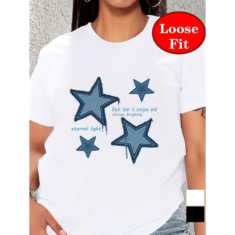 European Size Women's Plus Size Short Sleeve Round Neck T-Shirt - Star Print Blouse, -Line Casual Summer Top with Short Sleeves