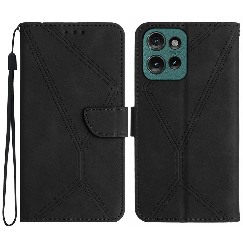 

For Motorola Moto G 5G (2025) Case Skin-Touch Lines PU Leather Flip Phone Cover Black