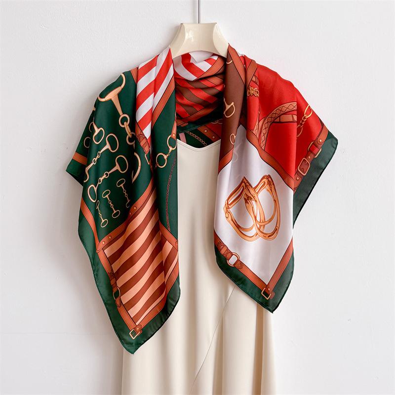 Striped chain simulation silk high-end large square scarf silk scarf printed shawl decorative scarf sunscreen scarf headscarf scarf