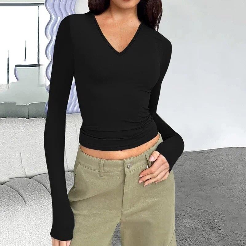 2023 moda szczupła prosta koszulka z długim rękawem Casual jesienno-zimowa dekolt w serek podstawowa koszulka topy kobiety kobiety seksowna krótka koszulka 30427