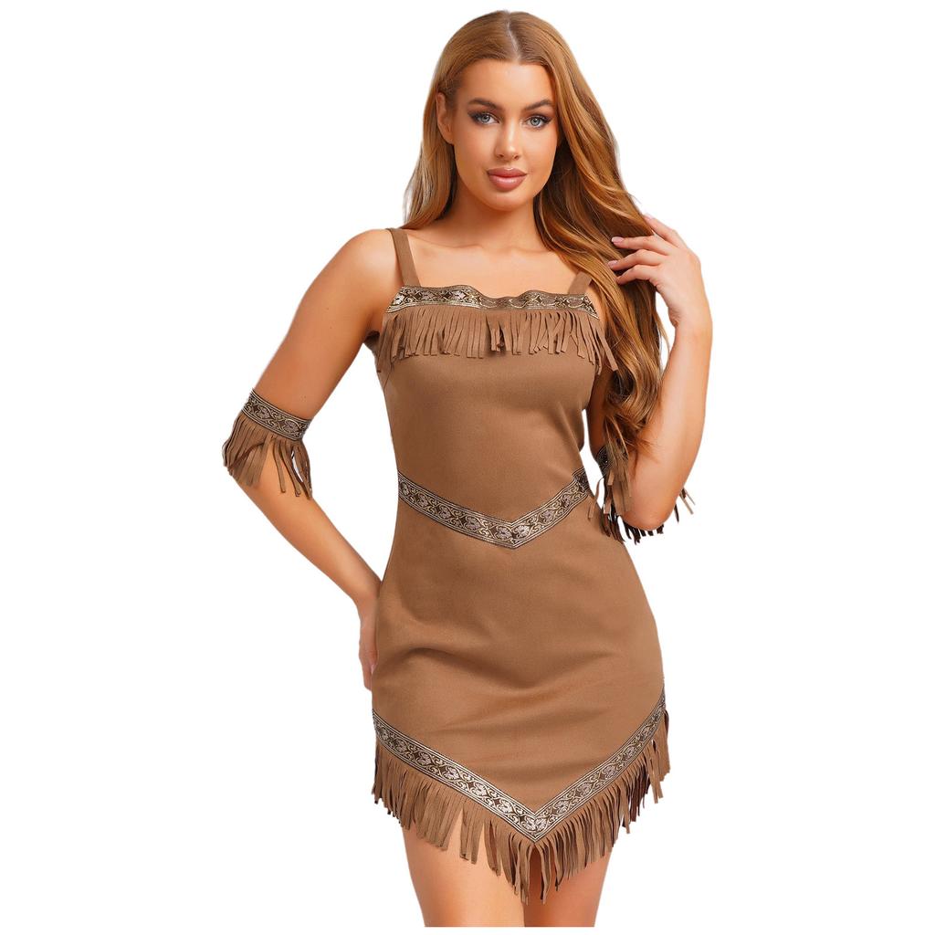 Womens Native Tribe Princess Cosplay Dress Armbands Retro Pattern Trim Tassel Irregular Hem Sling Aboriginal Faux Suede Costume