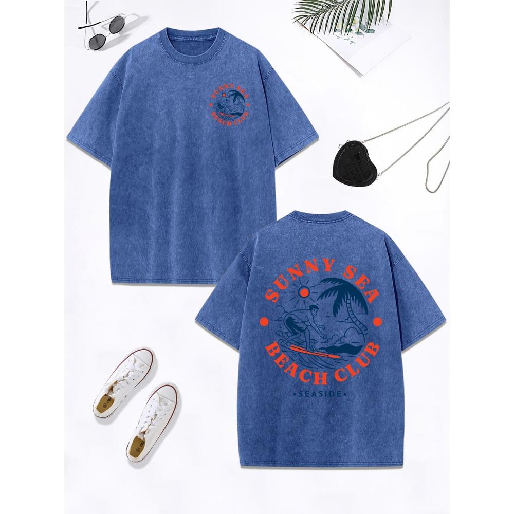 Sunny Sea Beach Club Surf Prints Washed T-Shirt Women Cotton Oversize T Shirt Comfortable O-Neck Distressed Tops Clothes