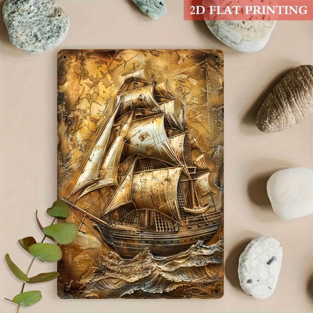 Vintage Nautical Metal Wall Art, Old Sailing Ship Pirate Decor, Home Wall Decor