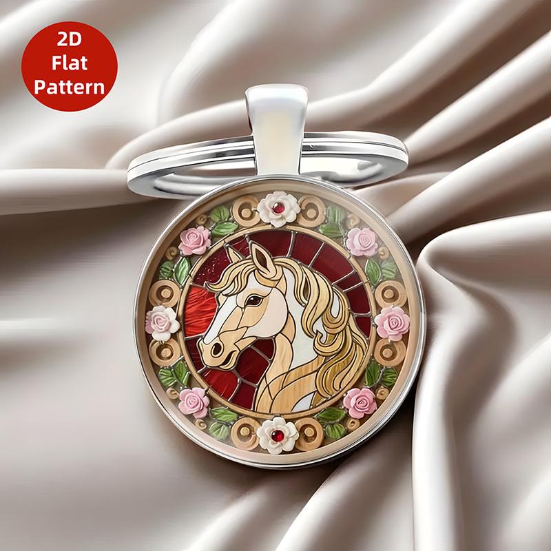 Retro Zodiac Horse Pattern Zinc Alloy Circular Keychain Car Backpack Hangings Decoration