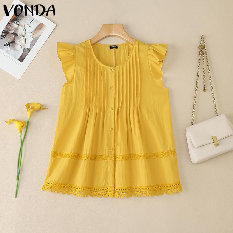 

VONDA Women Casual Ruffled Sleeveless Lace Crochet Hem Buttons Tank Tops Blouse XL