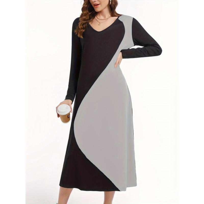 

JKASHDK Женская мода весна осень цветные блоки принт длинный рукав V-образный вырез высокая талия повседневные платья XXL серый