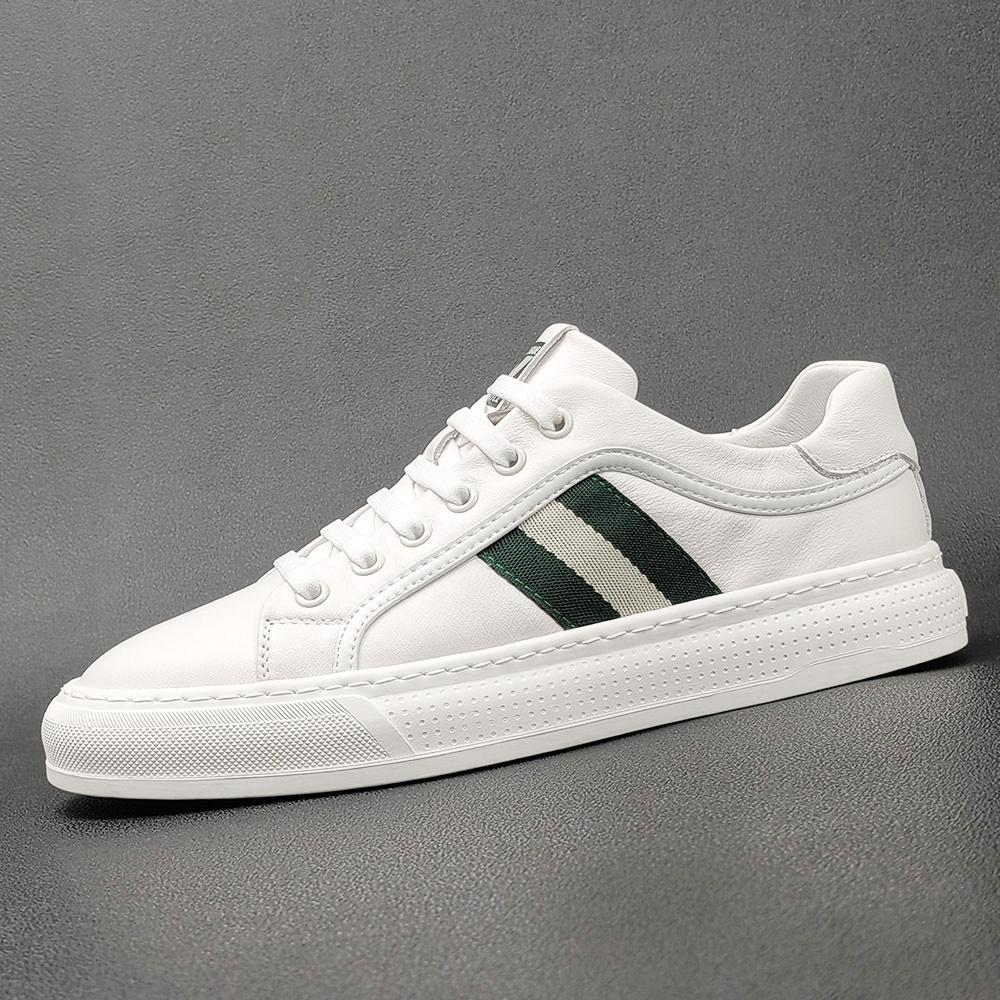 2024 European New Shoes for Men Cow Leather Casual Shoes Fashion Striped Flat Skateboard Shoes Lace-up Sneaker