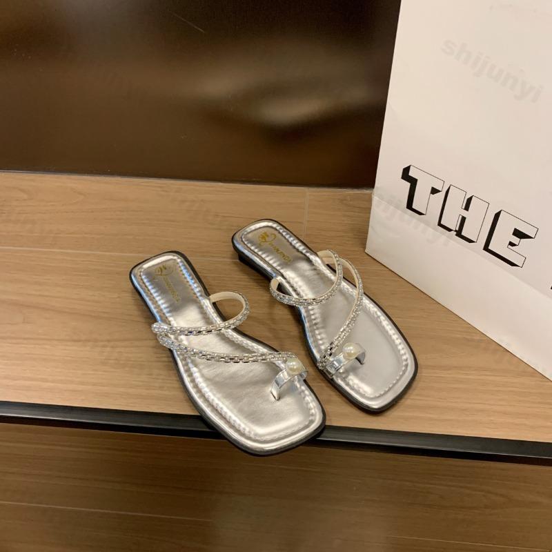 Fashion Summer Women Slippers Pearl Fashion Flat Clip Toe Flip Flops Outdoor Rhinestones Non-slip Beach Slipper Female Square Toe Sandal