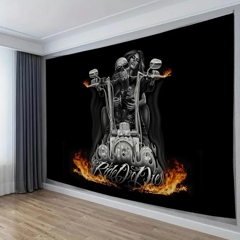 Skull Motorcycle Tapestry, Ride or Die Biker Wall Hanging with Flames for Man Cave & Bedroom 100X70CM