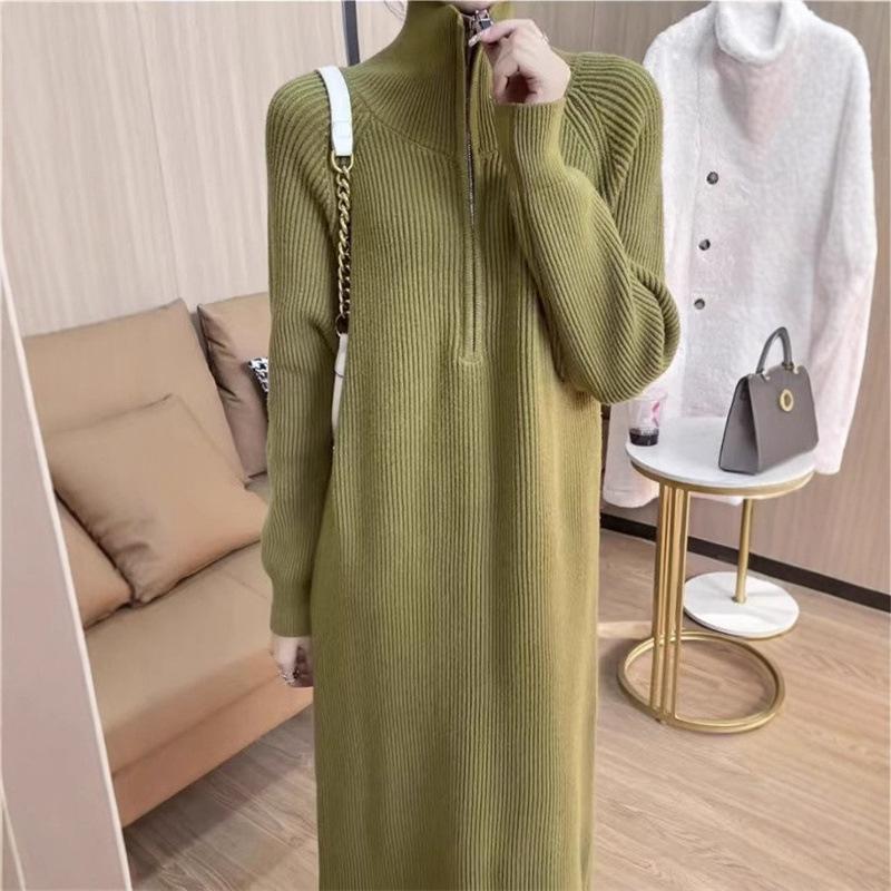 Women's Temperament Knitted Sweater Medium and Long Fashion Pullover Sweater Loose Zipper Bottom Dress