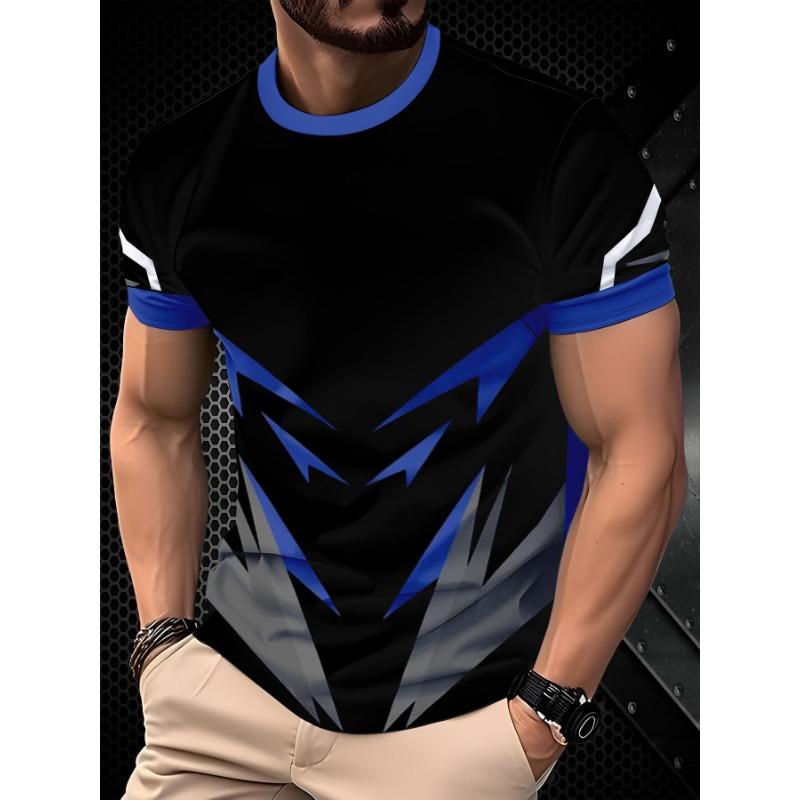Men s Gradient Lightning Bolt T-Shirt - Ombre Black to Blue Short Sleeve Crew Neck Top | Breathable Summer Streetwear S