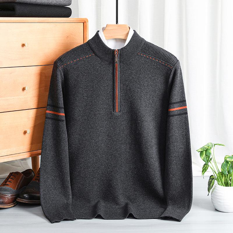 Men's Thickened Heavyweight Half-Zip Knit Sweater - Striped Jacquard, New Autumn/Winter Arrival