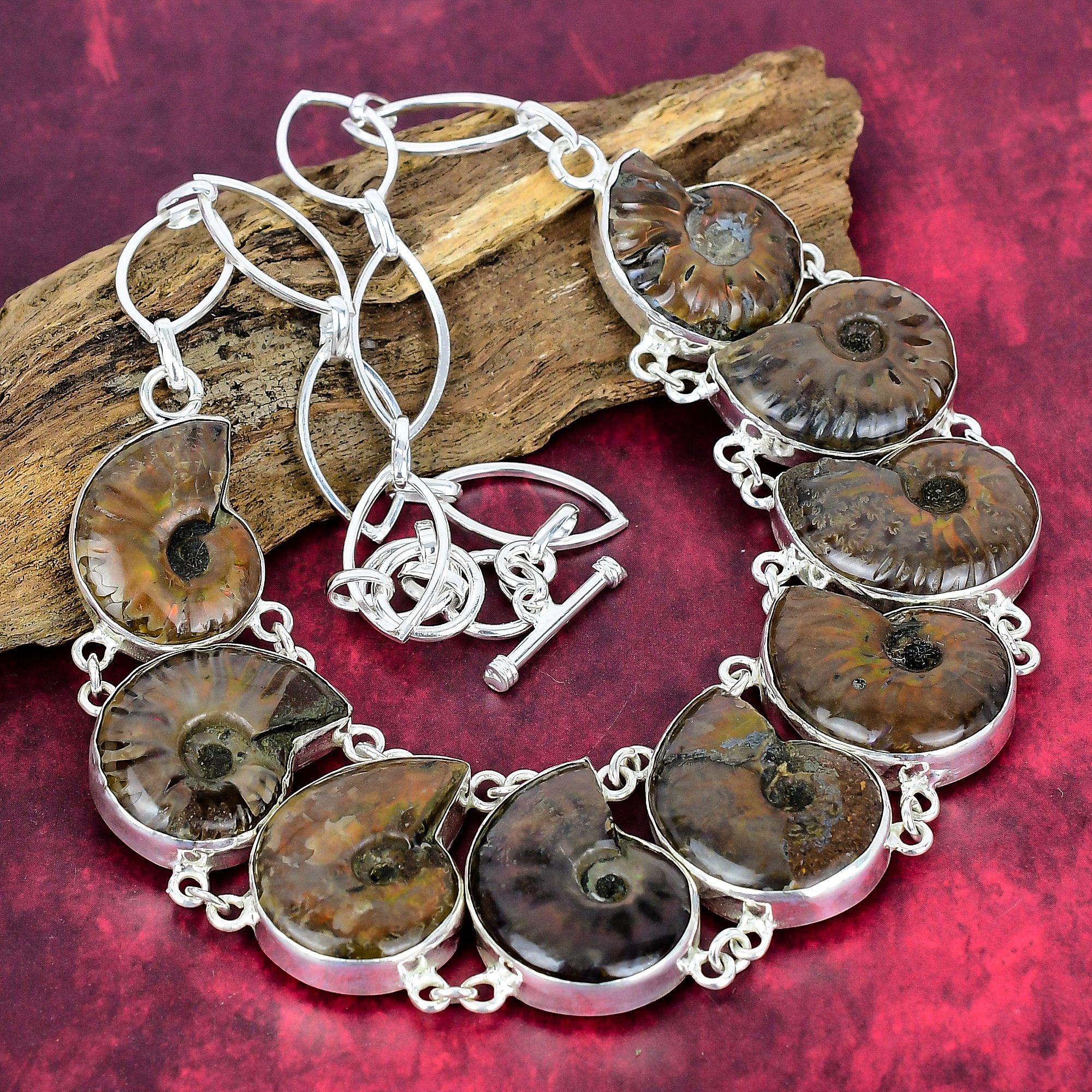 

Ожерелье из твердого серебра 925 пробы из аммонита ископаемого с регулируемой цепочкой, ювелирное ожерелье из драгоценных камней ручной работы на День памяти