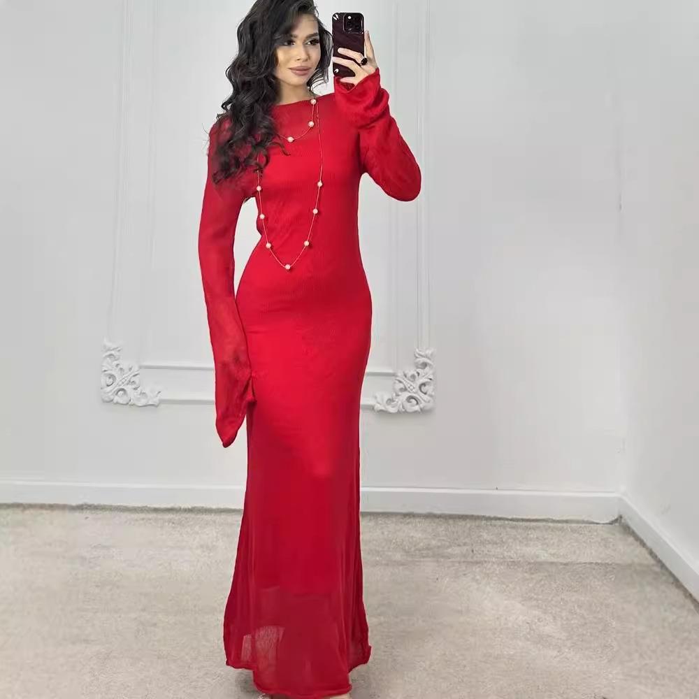 

2024 Autumn European & American Women s Solid Color Crew Neck Long Sleeve Slim Fit Bodycon Dress L красный