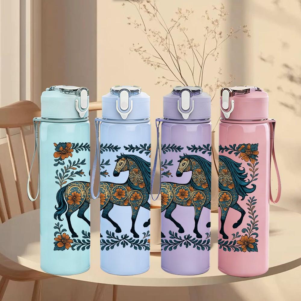 1PC Geometric Dark Horse Print 750ml Color Plastic Sports Water Bottle Leakproof Flip Straw Lid Suitable for Sports Office Home Use