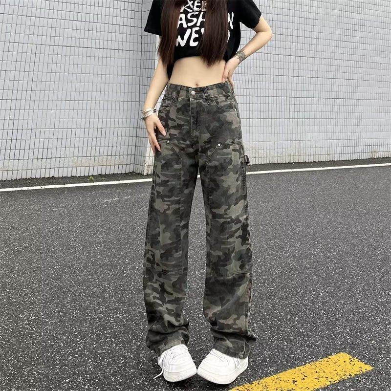 Amerikanische Ins Retro Camouflage Latzhose Herren und Damen Trendige Streetwear Lockere Gerade Jeans