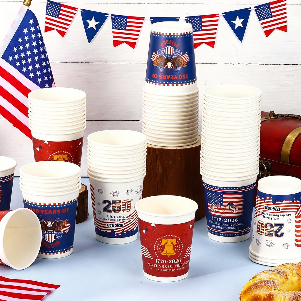 100 Pcs 4Th Of July Decorations Cups Bulk 9Oz Disposable Paper Cup For 250Th Anniversary American Flag Patriotic Party Supplies