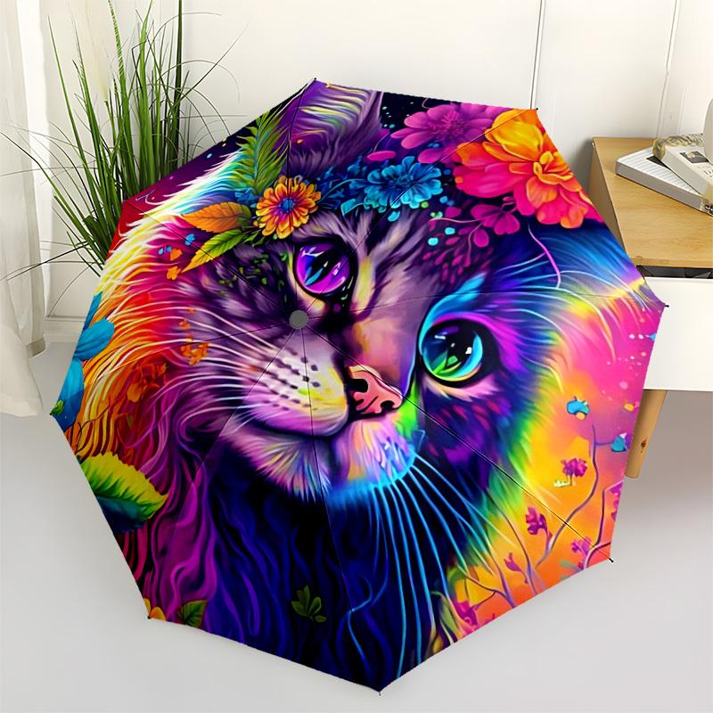 1pc Colorful Cat Floral Print Automatic Umbrella Portable Home Essential Umbrella, Iron Umbrella Structure Suitable for All Seasons yy251123139